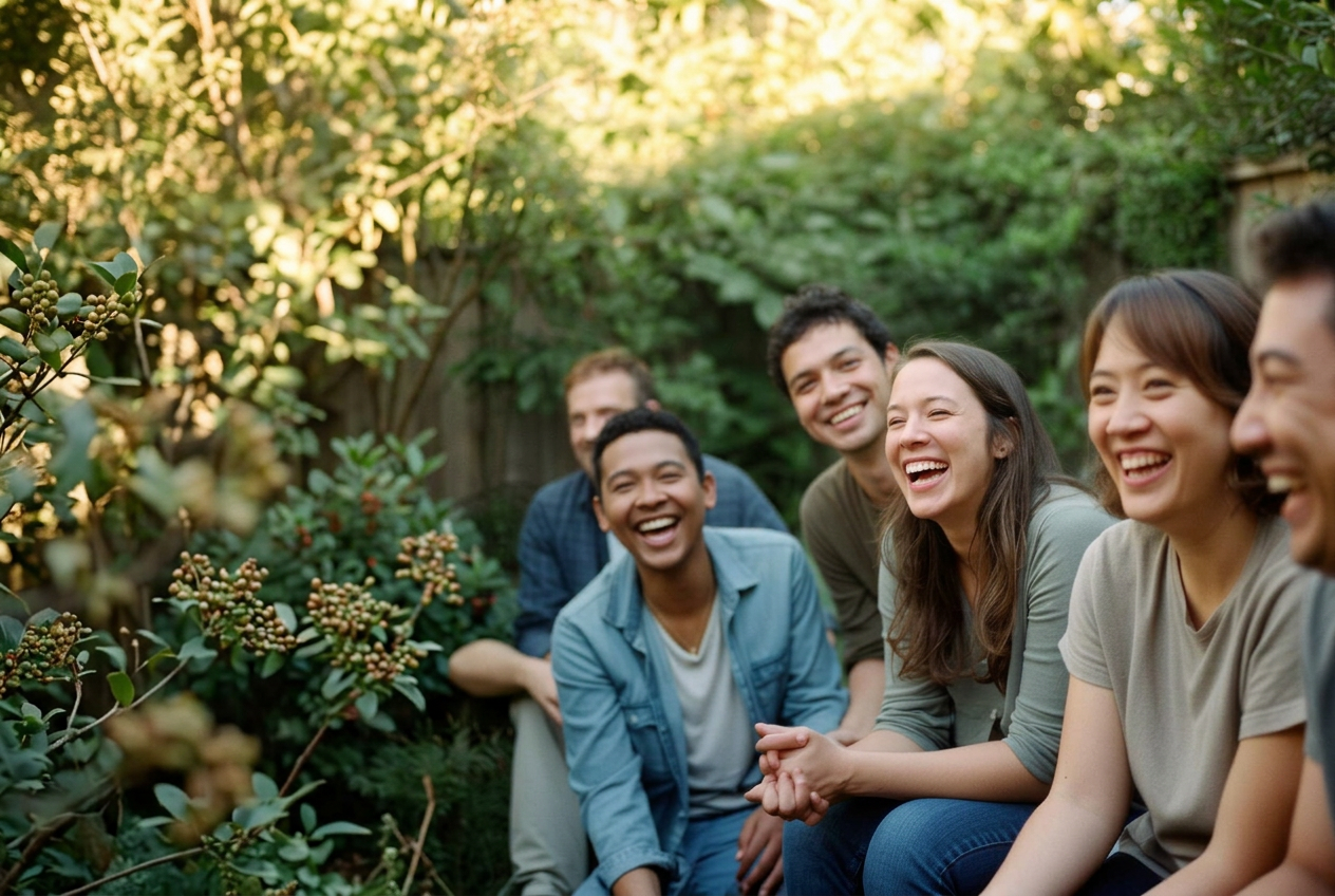 A diverse small group of adults laughing together outdoors in a sunlit garden