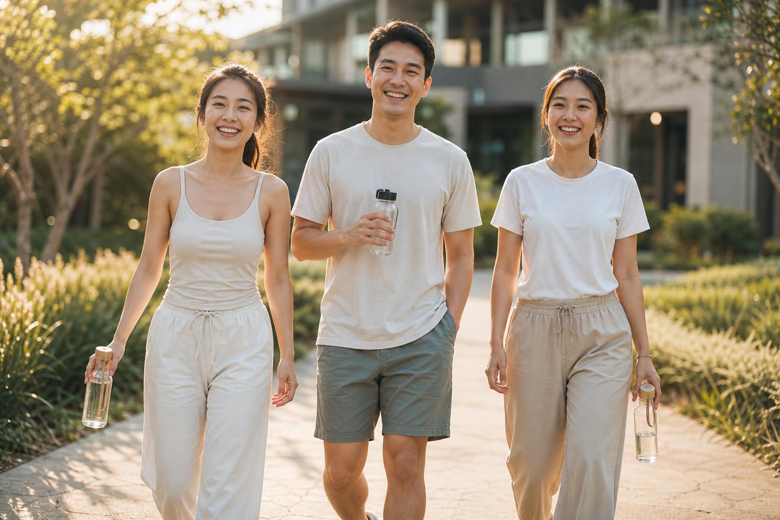 A group of Asian young adults walking outdoors, laughing and carrying water bottles in casual natural clothing