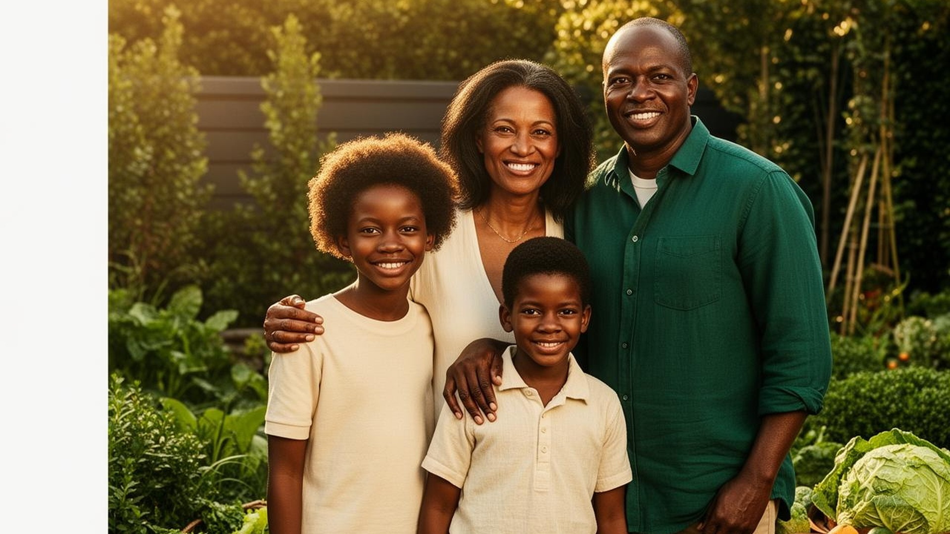 A Black family looking warmly at the viewer in a sunlit garden