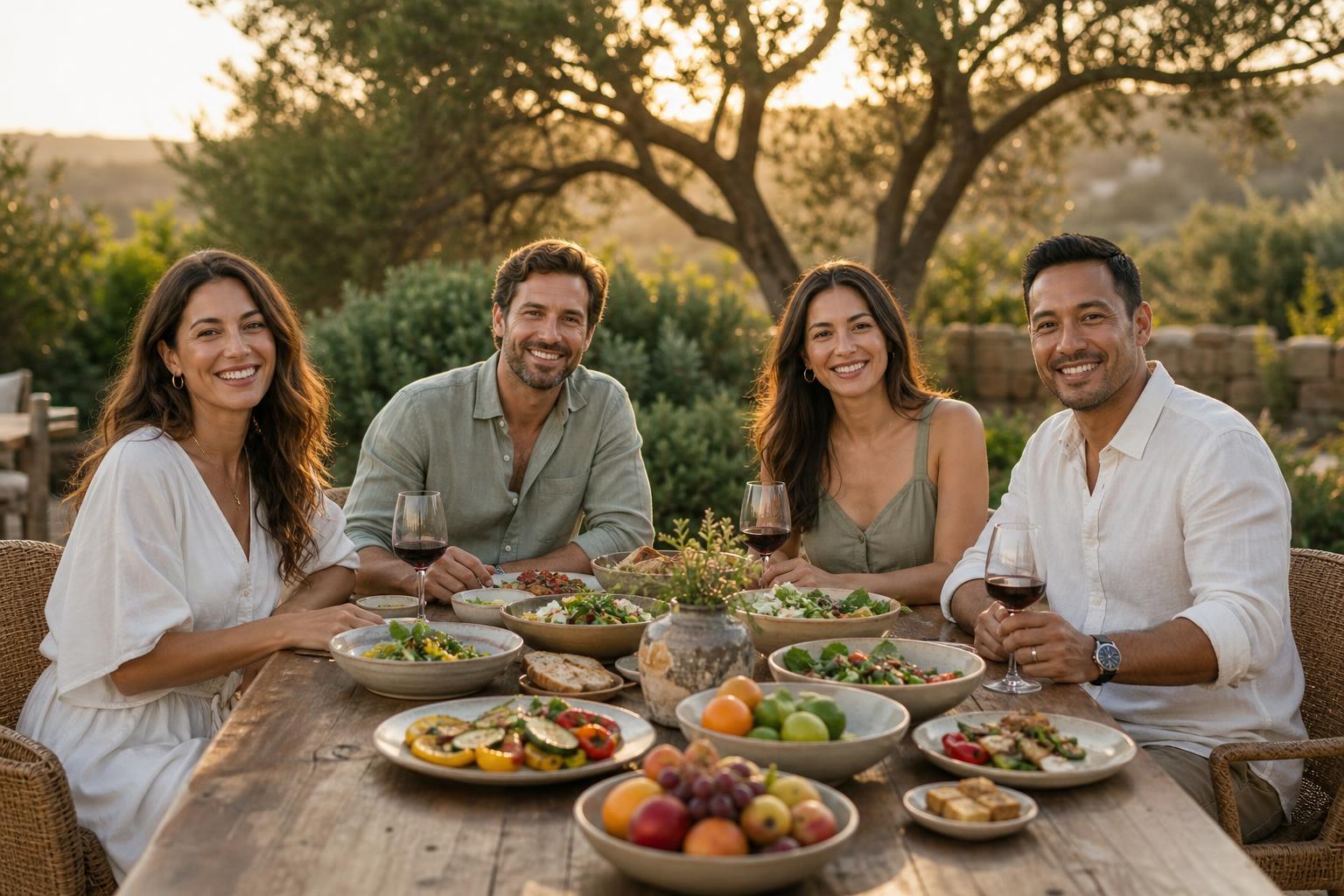 Four adults of mixed ethnicities sharing a healthy Mediterranean meal at a long outdoor table at golden hour