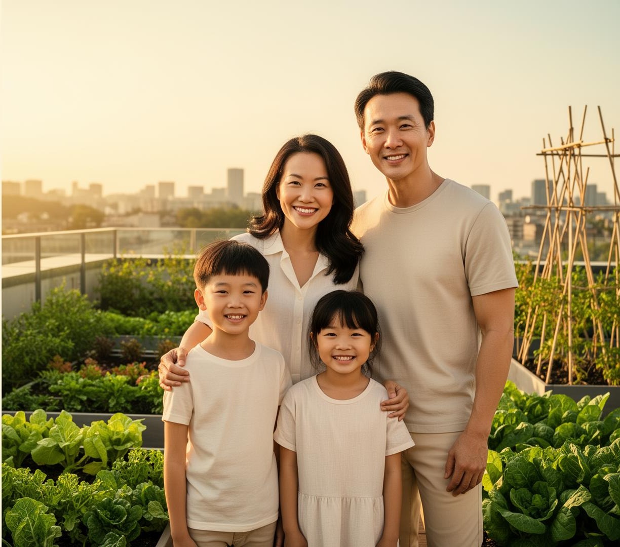 An East Asian family — parents with two young children — smiling warmly at the viewer in a rooftop garden at golden hour