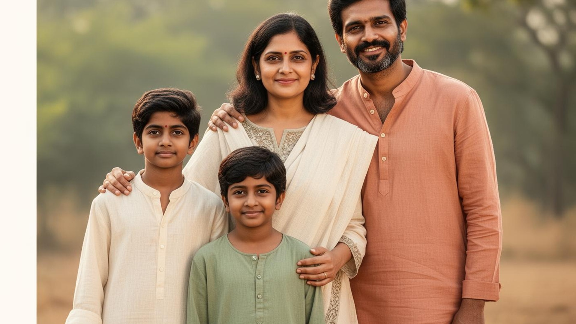 An East Indian family — father, mother, and two children — looking warmly at the viewer outdoors