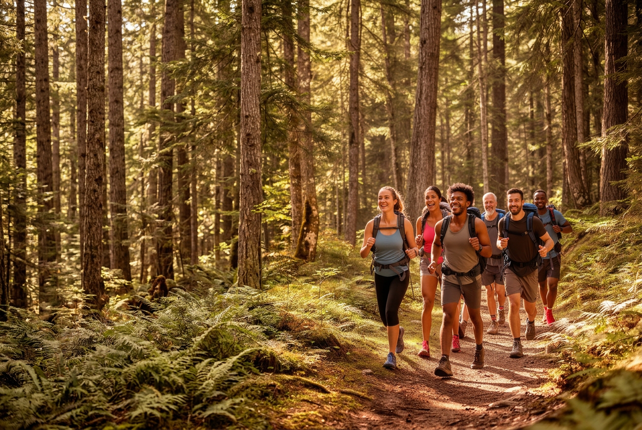 Diverse adults hiking together on a sunlit forest trail