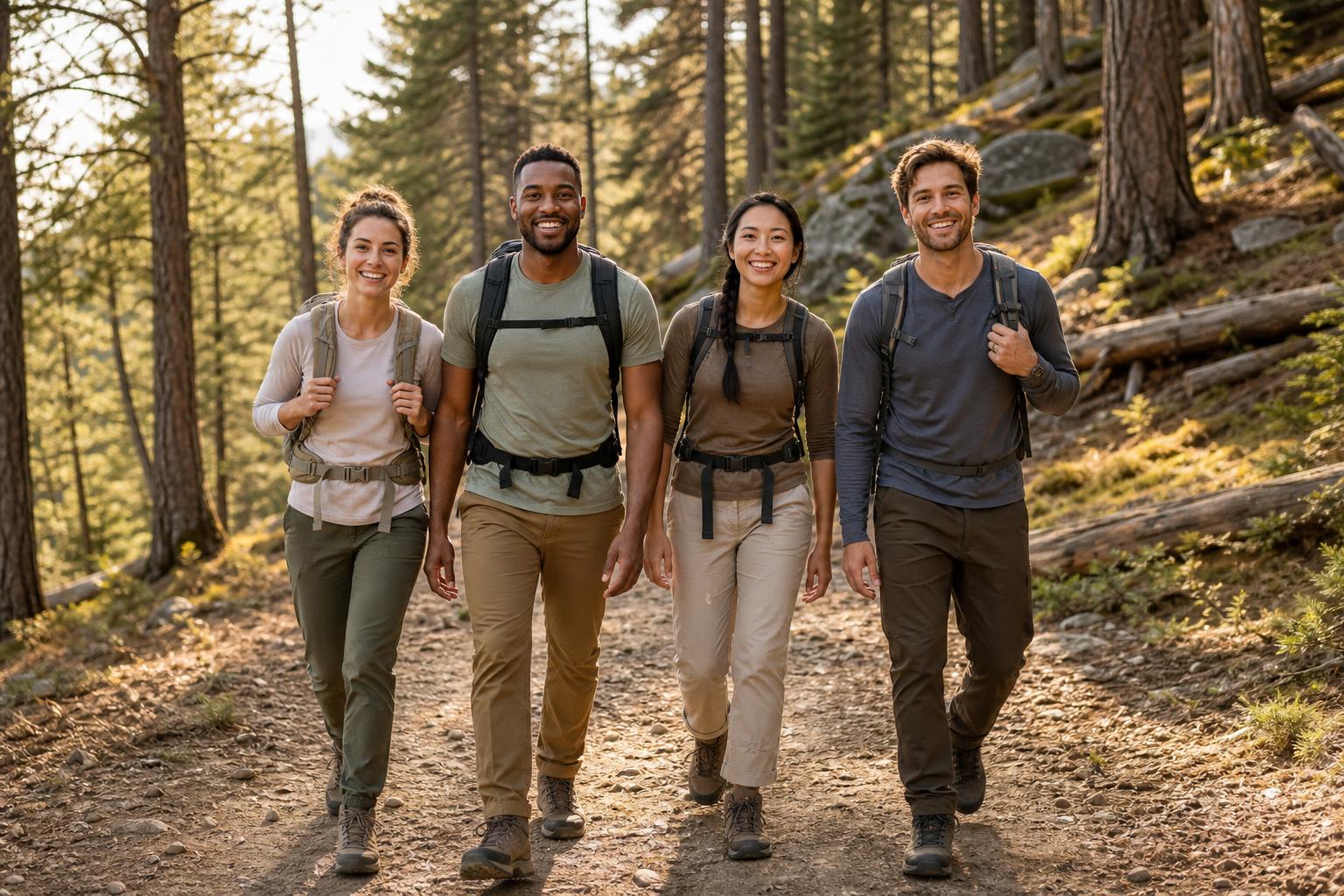 Four diverse young adults hiking together on a sharp, sunlit forest trail