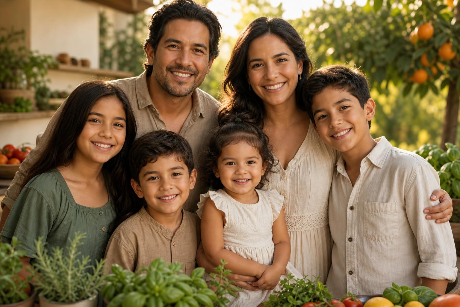 A Hispanic family — parents with four children — looking warmly at the viewer with fresh food in a modern kitchen garden