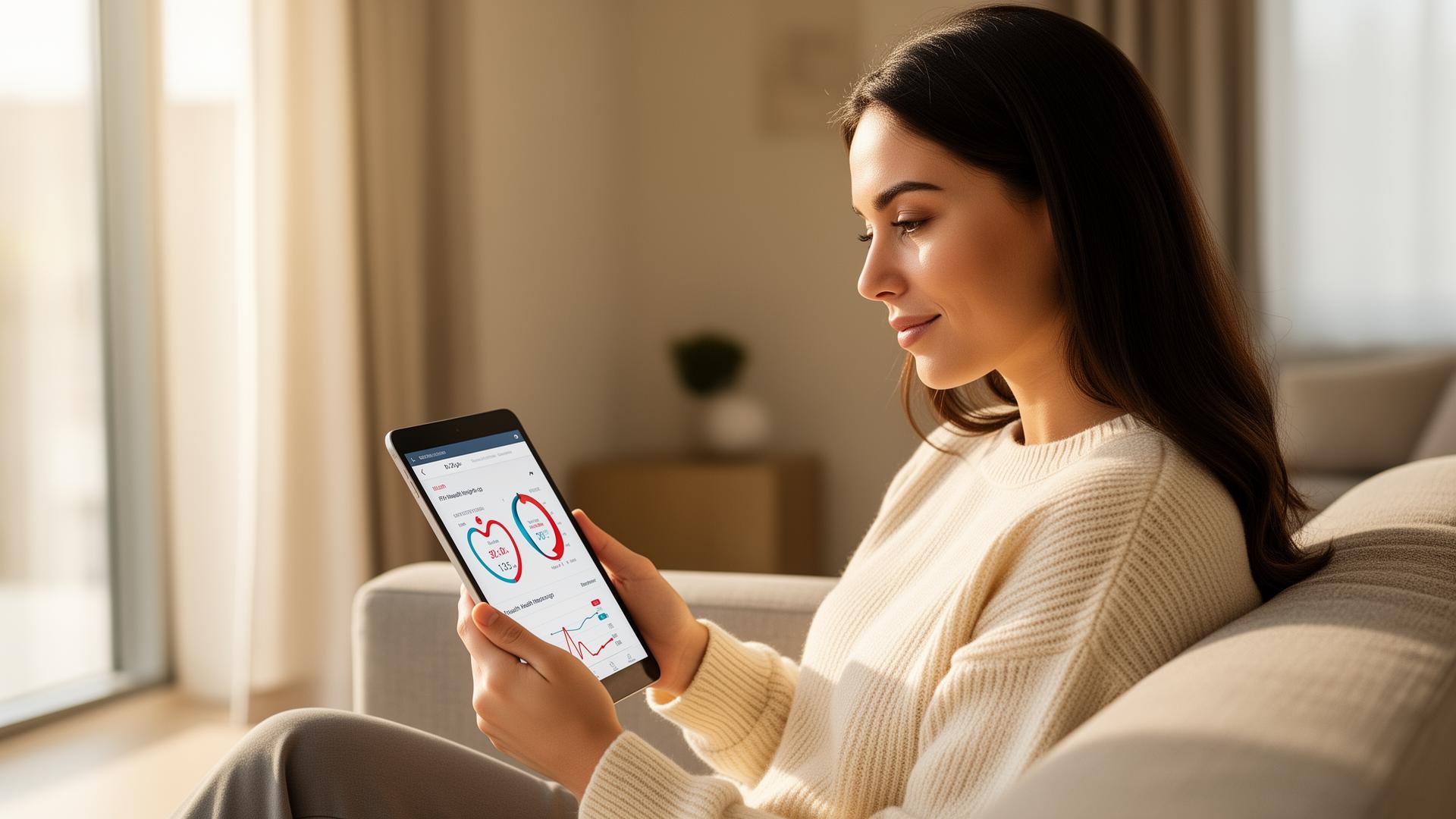 A woman reviewing personalized health insights on a tablet at home