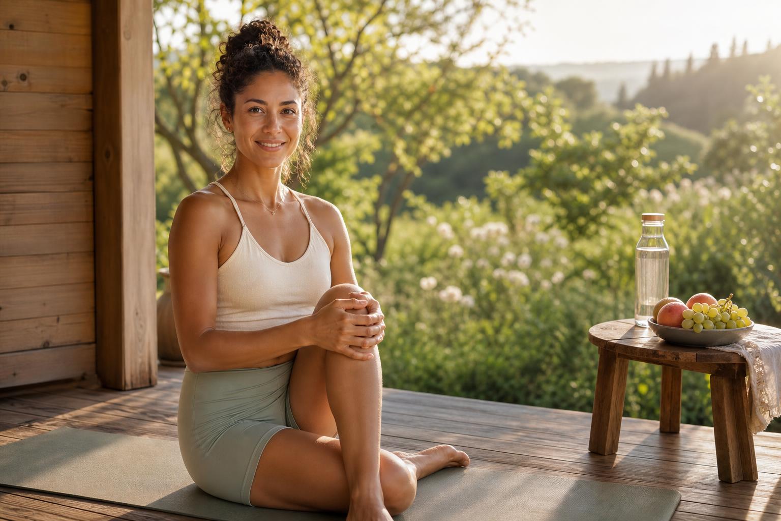A woman in her early 30s in natural cotton activewear stretching gently on a wooden deck overlooking a sunlit garden