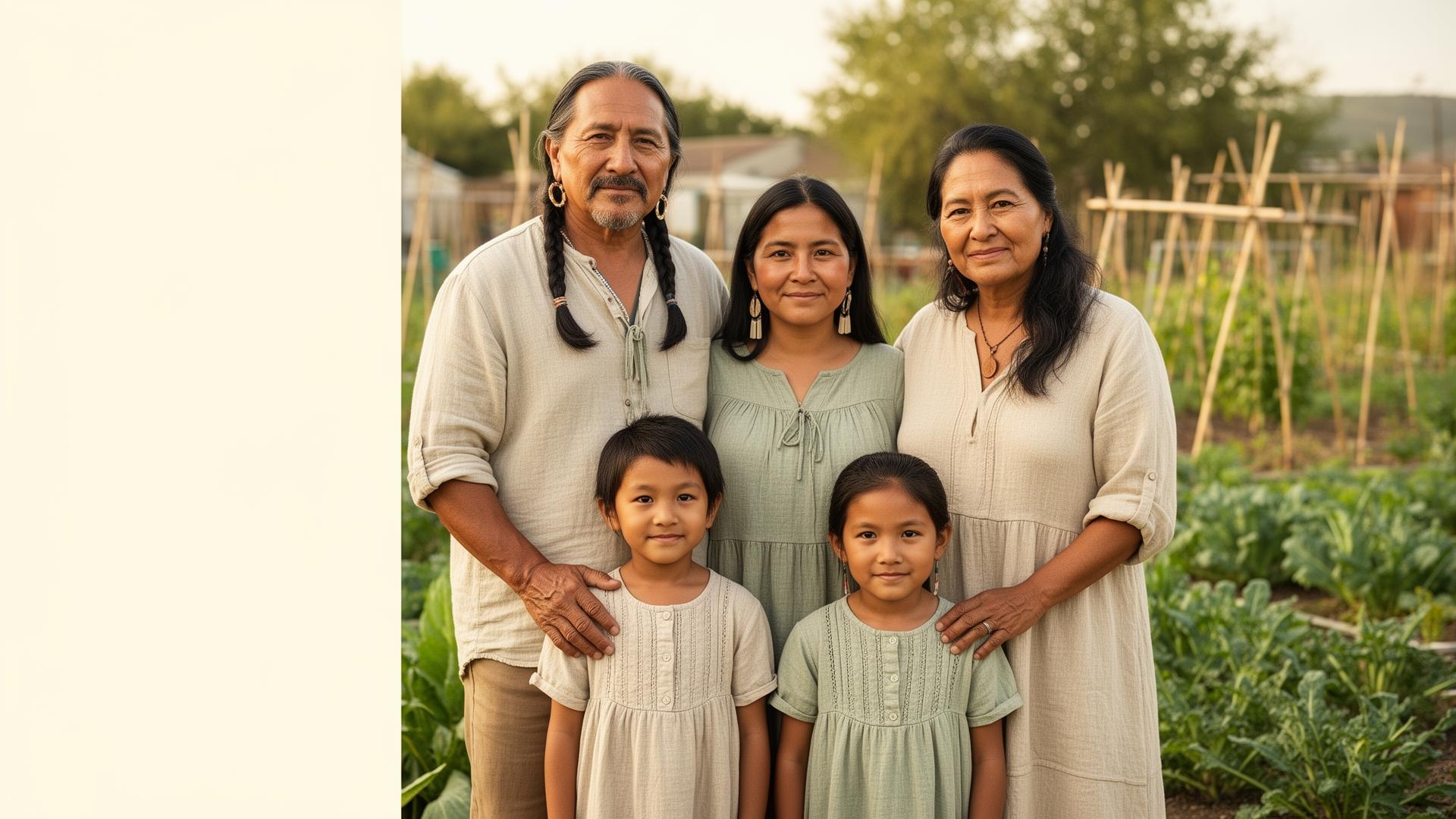 A Native American family looking warmly at the viewer in a community garden