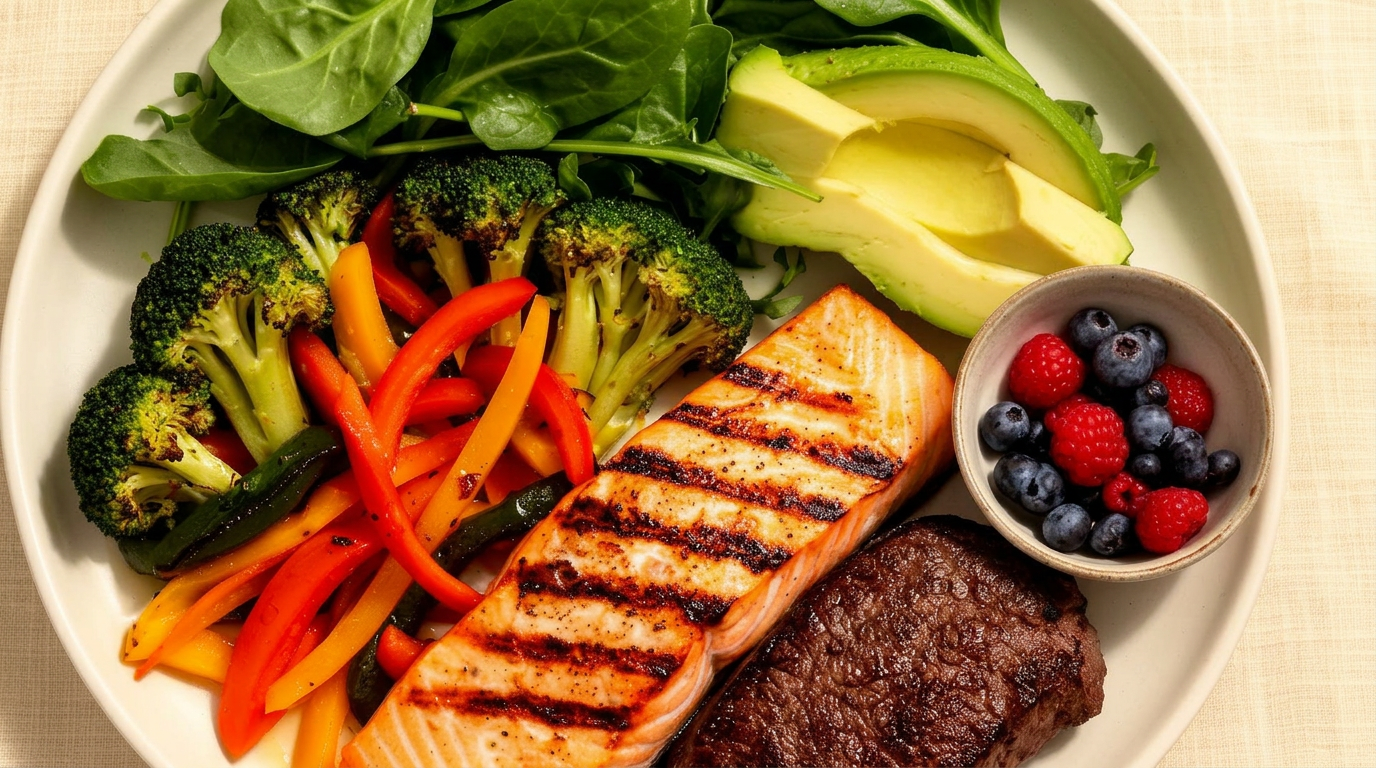 A nutrient-dense plate of grilled salmon, steak, roasted vegetables, leafy greens, avocado, and fresh berries