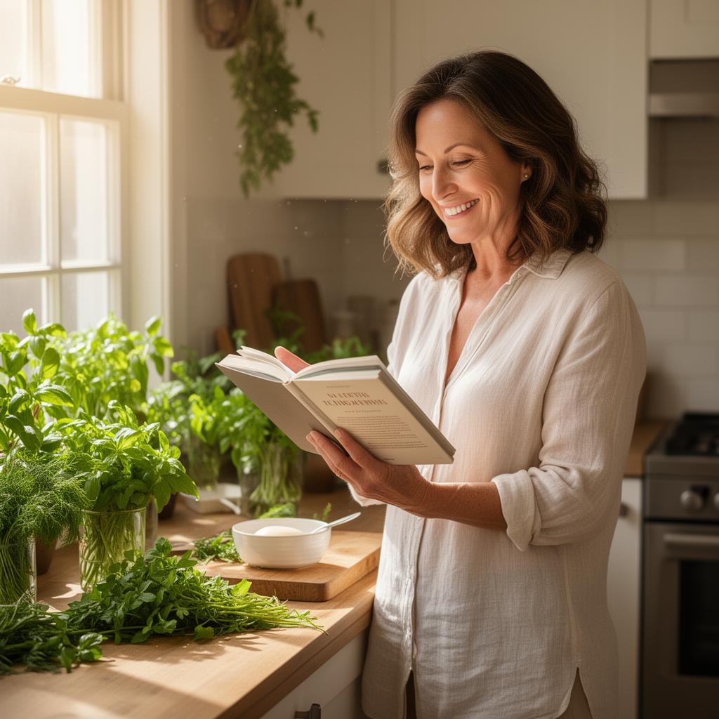 A woman smiling while reading a wellness book in a sunlit kitchen surrounded by fresh herbs