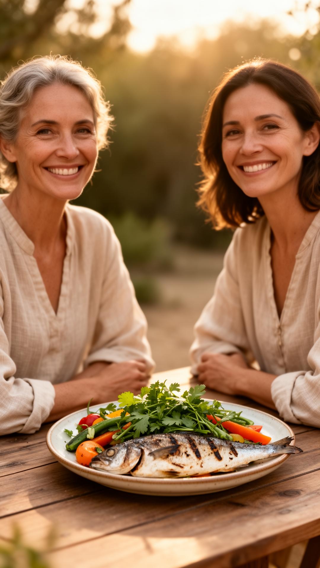 Two women in natural linen clothing sharing a whole-food meal outdoors
