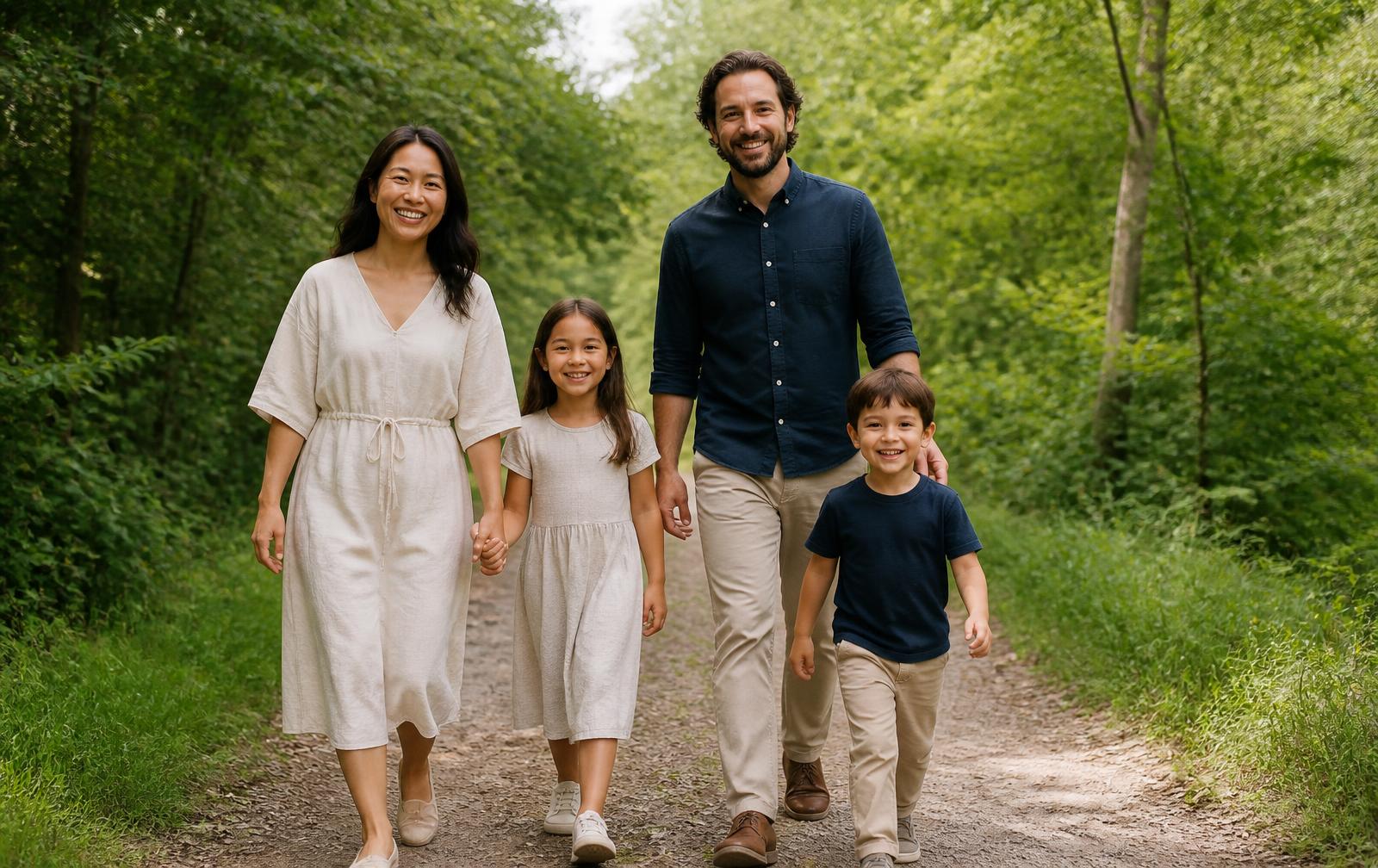 A family walking together on a wooded trail